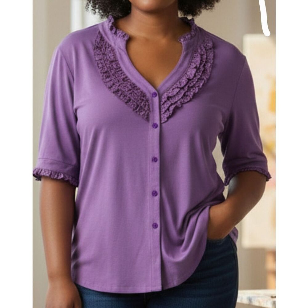 Simonton Says Purple Blouse Women Size 1X Ruffle Polka Dot Notch Neck Buttons